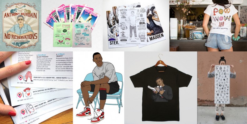 Clockwise from top left: Anthony Bourdain: No Reservations for Travel Channel, illustration for Steve Madden Magazine x Galore Magazine, Shirt design for That Food Cray X Fresh Cafe, 20th Anniversary Tenugui Project for interTrend, Mike Tyson T-shirt for Staple Design, Michael Jordan illustration for Esymai, spot illustrations for Vibe Magazine.