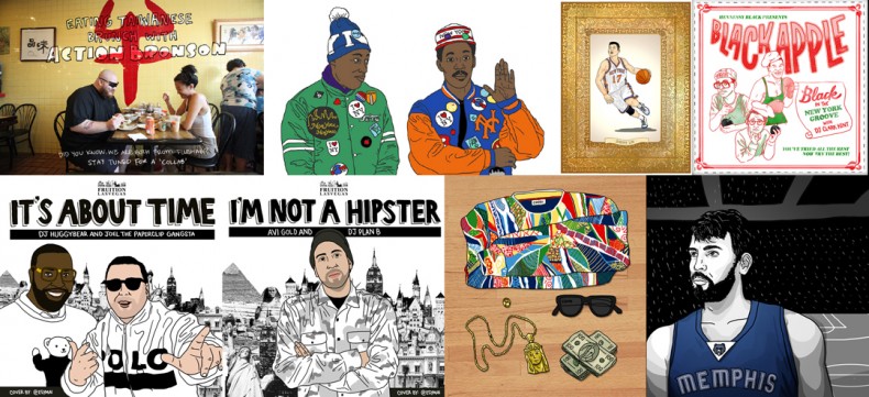 Clockwise from top left: Feature for Hypebeast with Action Johnson, Coming to America print for Esymai, Jeremy Lin print for Esymai, Black in the New York Groove mix art for DJ Clark Kent, Marc Gasol illustration for Grantland, Biggie Smalls illustration for Esymai, Mixtape covers for Fruition Las Vegas.